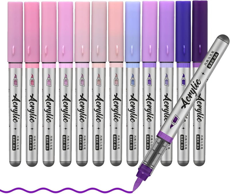 ZZWUAPT Purple Pink Acrylic Paint Pens,12 Color Paint Pen Markers,Brush Tip Paint Pens for Adult Painting Art Supplies - Image 1